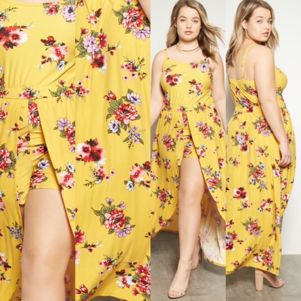 Plus Mustard Floral Print Sleeveless Maxi Romper